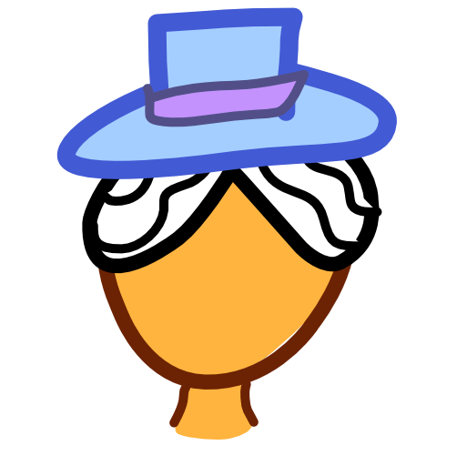 a yellow figure from the neck up with white hair and a blue hat with a purple band.